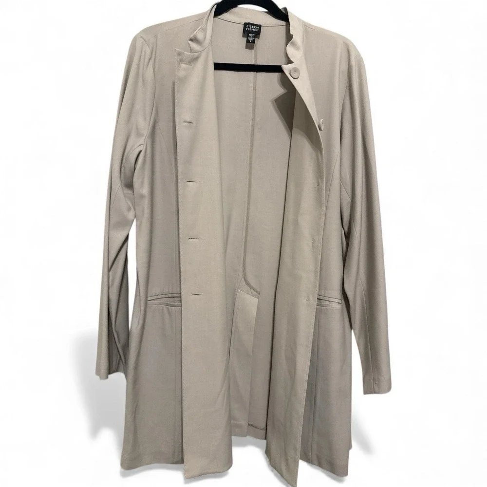 Eileen Fisher Button Up Long Wool Blend Jacket Size Large Minimalist Lightweight